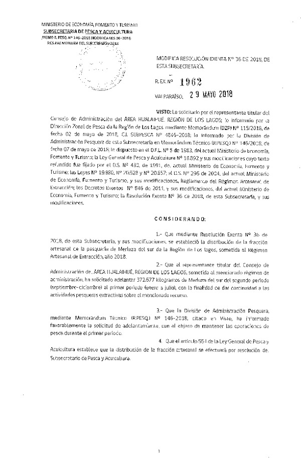 Res. Ex. N° 1962-2018 Modifica Res. Ex. N° 36-2018 Distribución de la Fracción Artesanal de Pesquería de Merluza del Sur, X Región, Año 2018. (Publicado en Página Web 30-05-2018)