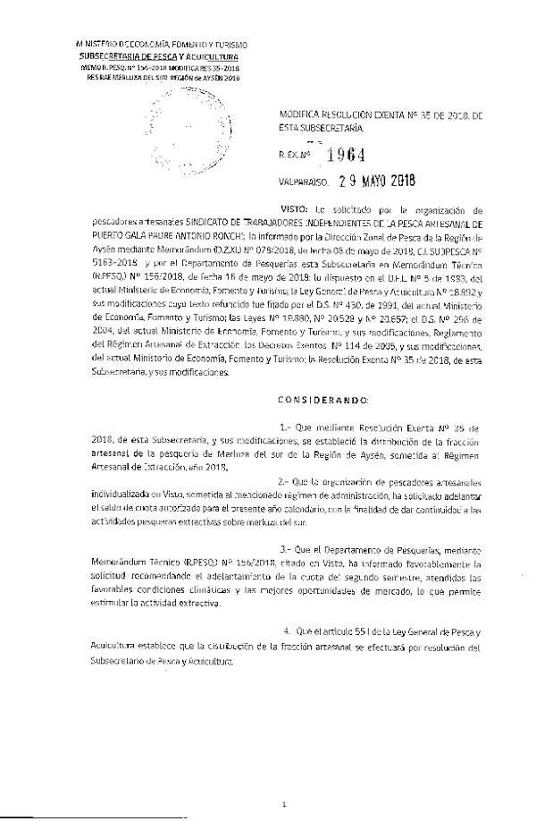 Res. Ex. N° 1964-2018 Modifica Res. Ex. N° 35 de 2018, RAE Merluza del sur. (Publicado en Página Web 30-05-2018)