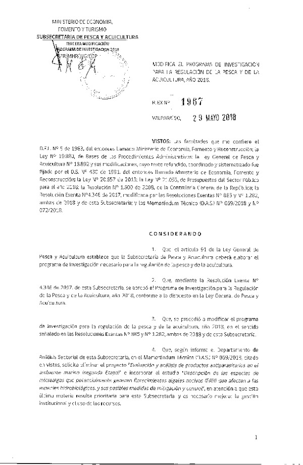 Res. Ex. N° 1967-2018 Modifica 	Res. Ex. N° 4346-2017 Aprueba Programa de Investigación para la Regulación de la Pesca y Acuicultura, Año 2018. (Publicado en Página Web 30-05-2018)