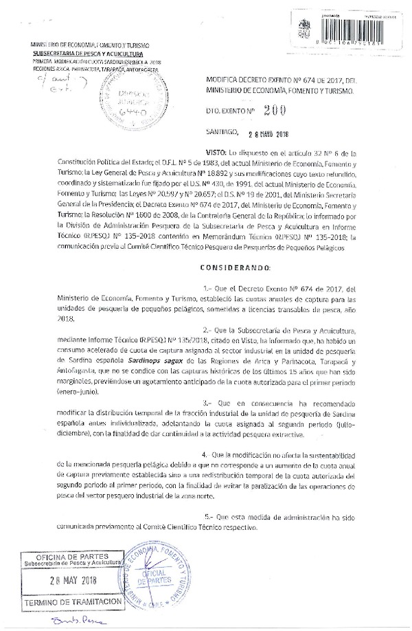 Dec. Ex. N° 200-2018 Modifica Dec. Ex. N° 674-2017 Establece Cuotas Anuales de Captura Unidades de Pesquerías de Recursos Pelágicos Pequeños que Indica, Sometidas a LTP Año 2018. (Publicado en Página Web 30-05-2018) (F.D.O. 01-06-2018)