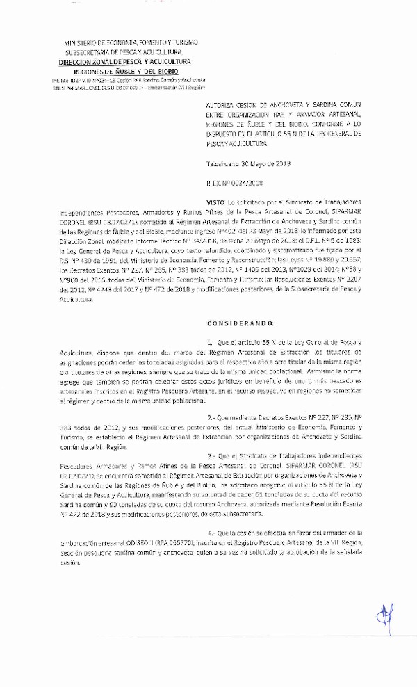 Res. Ex. N° 34-2018 (DZP VIII) Autoriza Cesión Anchoveta y Sardina común.