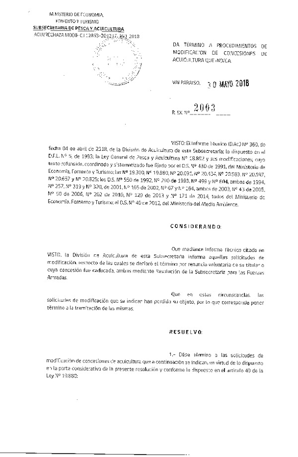 Res. Ex. N° 2003-2018 Da término a procedimiento de modificación de concesiones de acuicultura que indica.