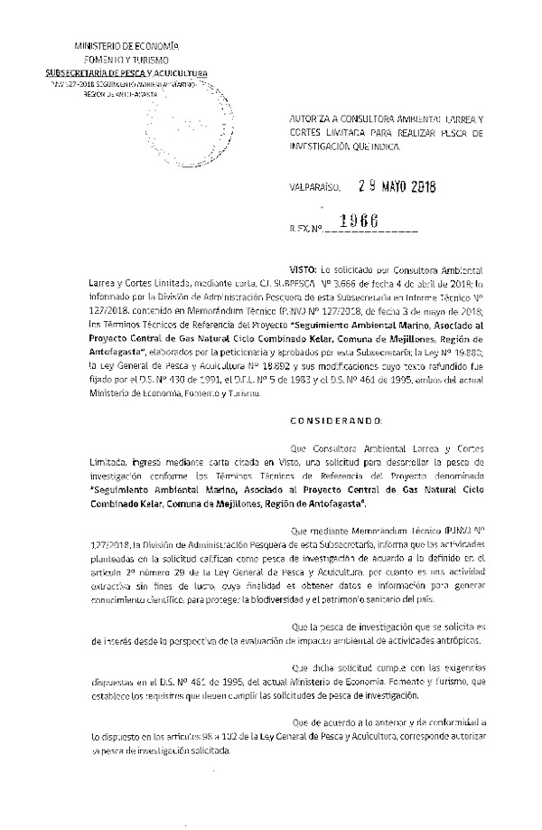 Res. Ex. N° 1966-2018 Seguimiento ambiental marino, Región de Antofagasta.