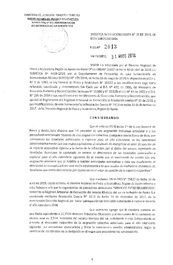 Res. Ex. N° 2013-2018 Modifica Res. Ex. N° 35 de 2018, RAE Merluza del sur. (Publicado en Página Web 31-05-2018) (F.D.O. 08-06-2018)