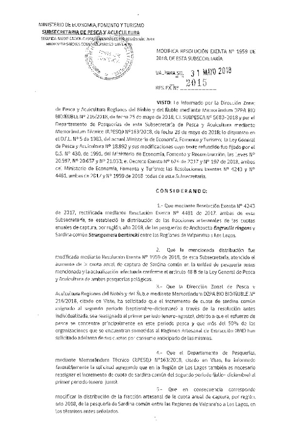 Res. Ex. N° 2015-2018 Modifica Res. Ex. N° 1959-2018 Modifica Res. Ex. N° 4243-2017 Establece Distribución de las Fracciones Artesanales de Anchoveta y Sardina Común V-X Regiones, por Región, Año 2018. (Publicado en Página Web 31-05-2018) (F.D.O. 08-06-2018)