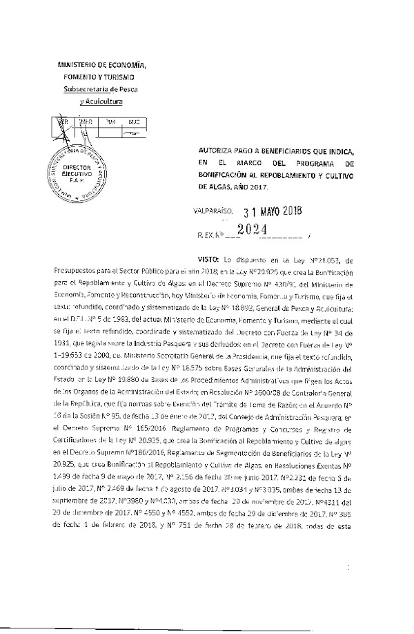 Res. Ex. N° 2024-2018 Autoriza pago a beneficiario que indica, en el marco del programa de bonificación al repoblamiento y cultivo de algas, año 2017. (Publicado en Página Web 31-05-2018)