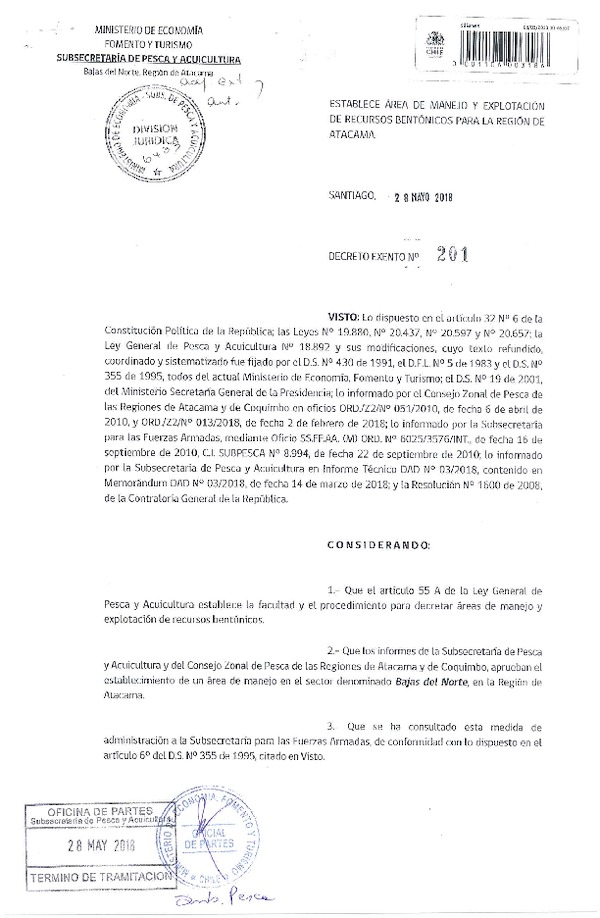 Dec. Ex. N° 201-2018 Establece Área de Manejo Bajas del Norte, Región de Atacama. (F.D.O. 01-06-2018)