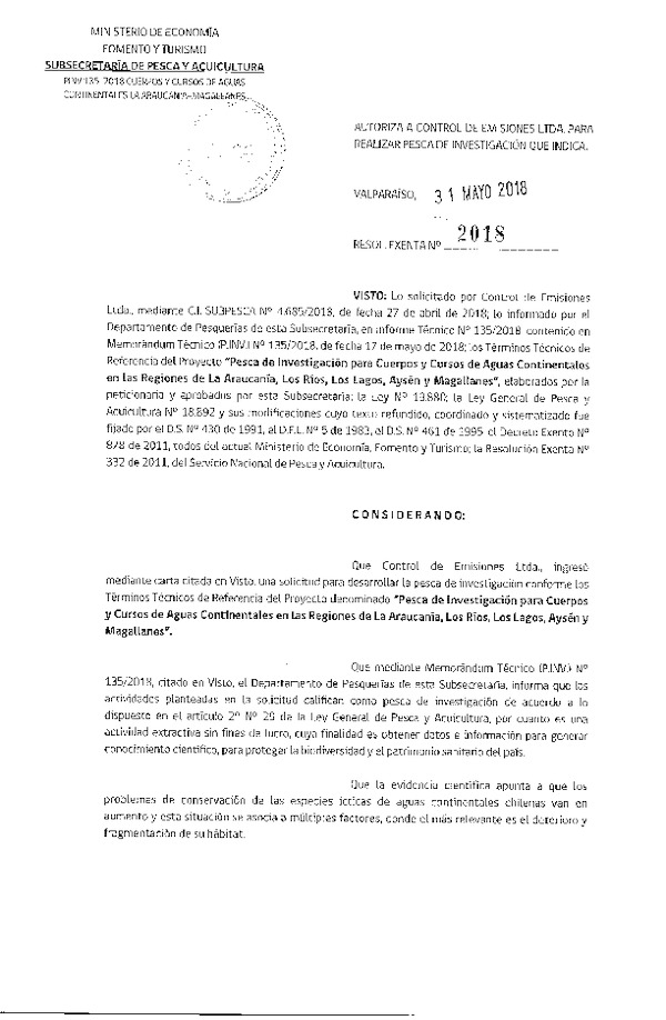 Res. Ex. N° 2018-2018 Pesca de investigación cuerpos y cursos de aguas continentales.