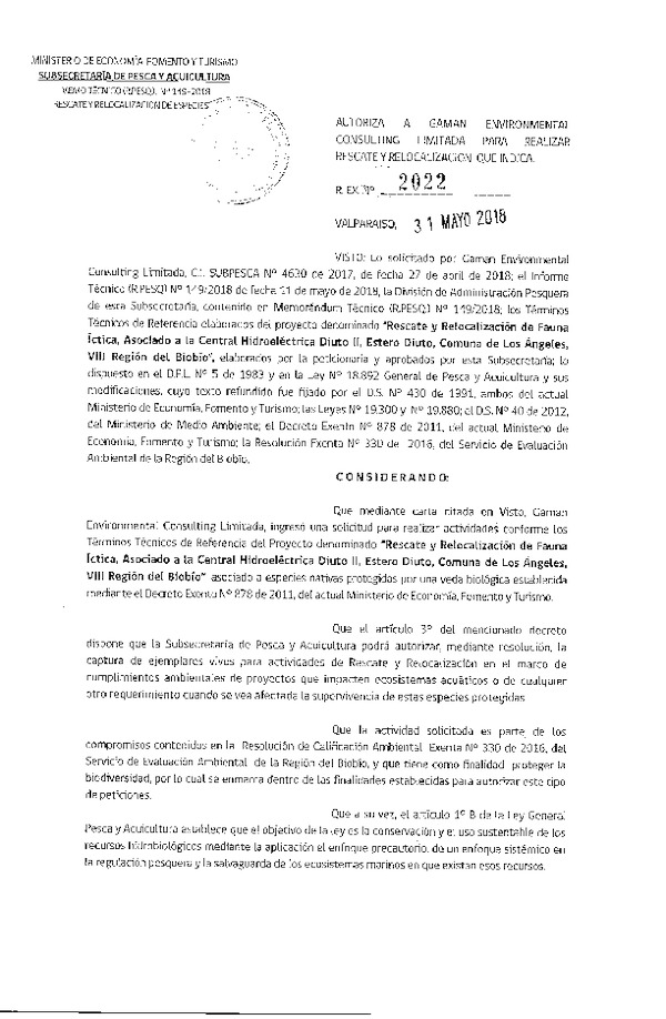Res. Ex. N° 2022-2018 Rescate y relocalización de fauna íctica, Región del Biobío.