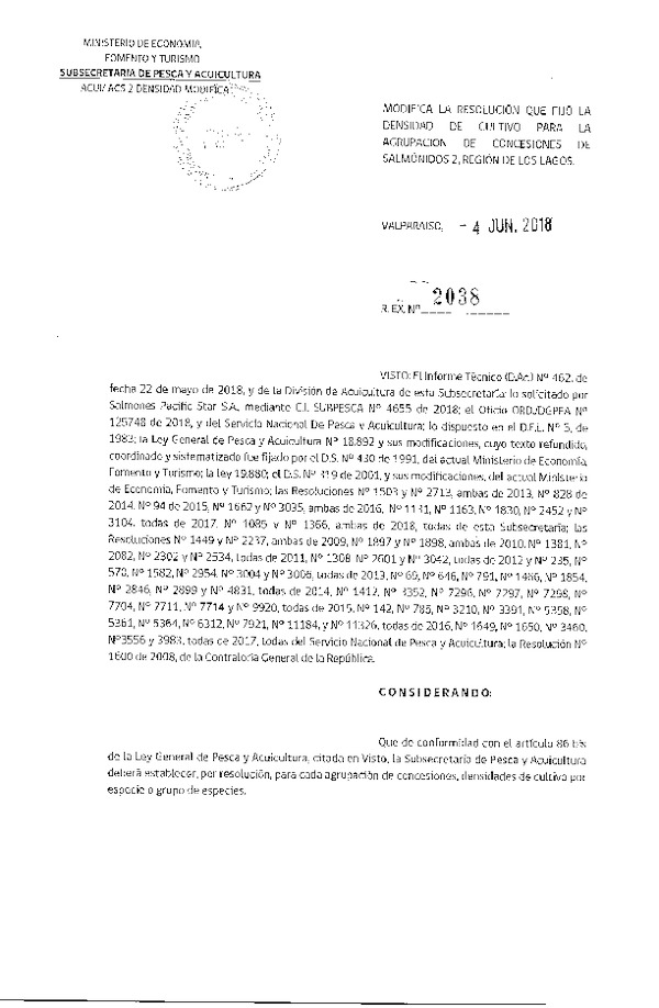 Res. Ex. N° 2038-2018 Modifica Res. Ex. N° 1163-2017 Fija Densidad de Cultivo para la Agrupación de Concesiones de Salmónidos 2, X Región. Aprueba Programas de Manejo que Indica. (Con Informe Técnico)(Publicado en Página Web 04-06-2017) (F.D.O. 13-06-2018)