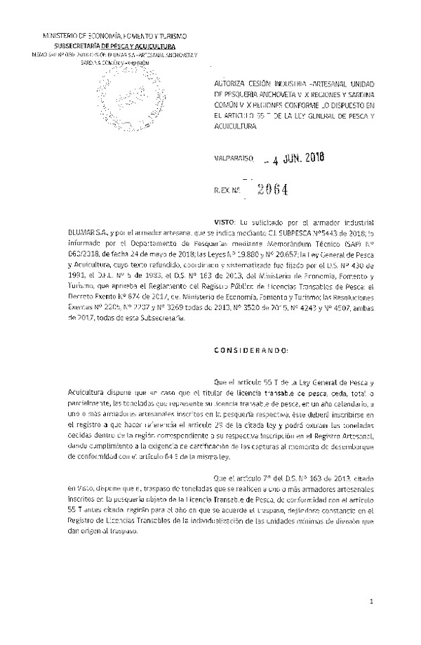 Res. Ex. N° 2064-2018 Autoriza cesión Anchoveta y Sardina común Región de La Araucanía.
