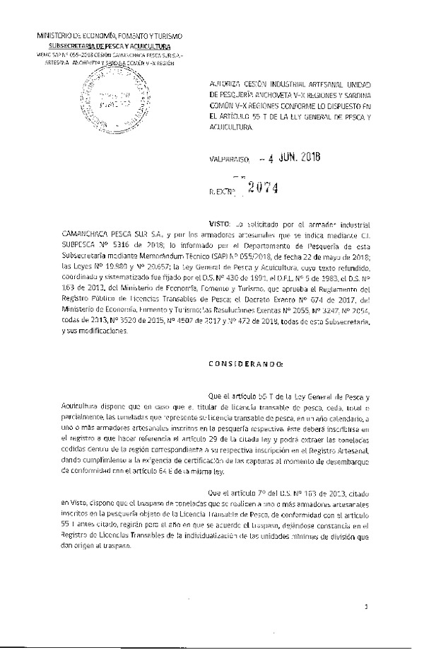 Res. Ex. N° 2074-2018 Autoriza cesión Anchoveta y Sardina común Región del Biobío.