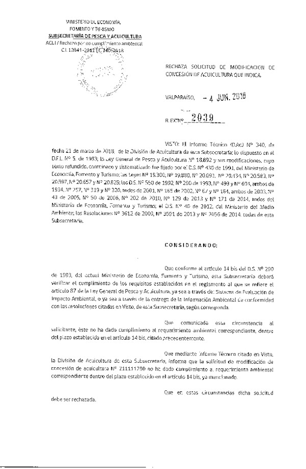 Res. Ex. N° 2039-2018 Rechaza solicitud de modificación de concesión de acuicultura que indica.