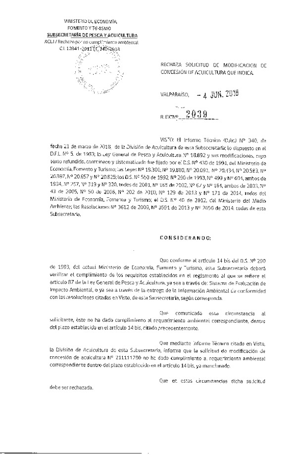 Res. Ex. N° 2039-2018 Rechaza solicitud de modificación de concesión de acuicultura que indica.