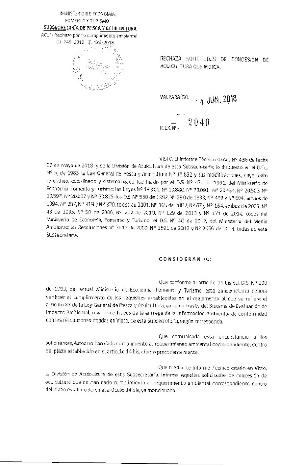 Res. Ex. N° 2040-2018 Rechaza solicitudes de concesión de acuicultura que indica.