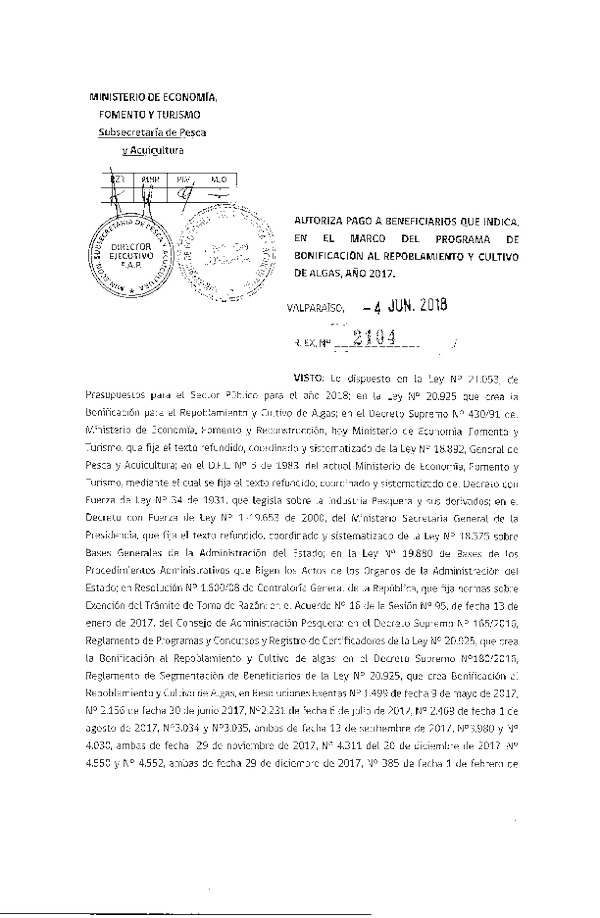 Res. Ex. N° 2104-2018 Autoriza pago a beneficiario que indica, en el marco del programa de bonificación al repoblamiento y cultivo de algas, año 2017. (Publicado en Página Web 05-06-2018)