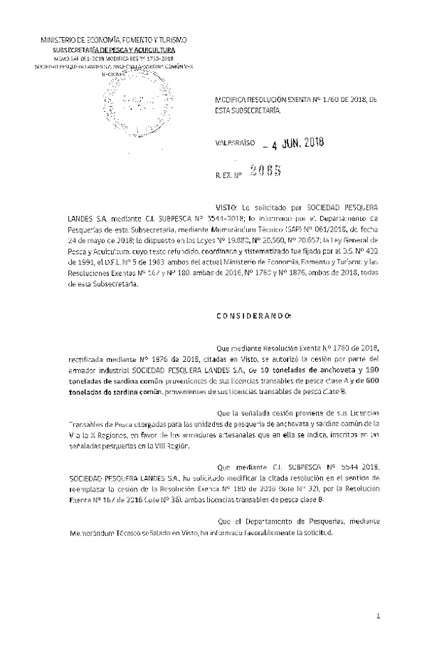Res. Ex. N° 2065-2018 Modifica Res. Ex. N° 1760-2018 Autoriza cesión anchoveta y sardina común Región del Biobío.