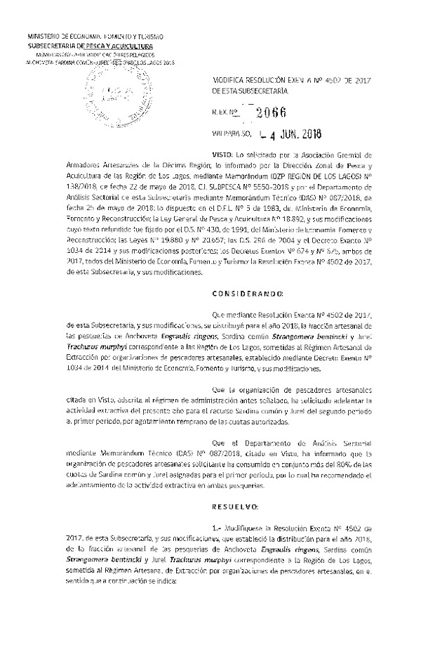 Res. Ex. N° 2066-2018 Modifica Res. Ex. N° 4502-2017 Distribución de la fracción artesanal anchoveta, sardina común y jurel, X Región, año 2018. (Publicado en Página Web 05-06-2018)