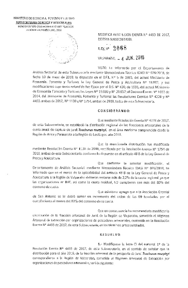 Res. Ex. N° 2068-2018 Modifica Res. Ex. N° 4493-2017 Distribución de la fracción artesanal anchoveta, sardina común y jurel, V Región, año 2018. (Publicado en Página Web 05-06-2018) (F.D.O. 13-06-2018)