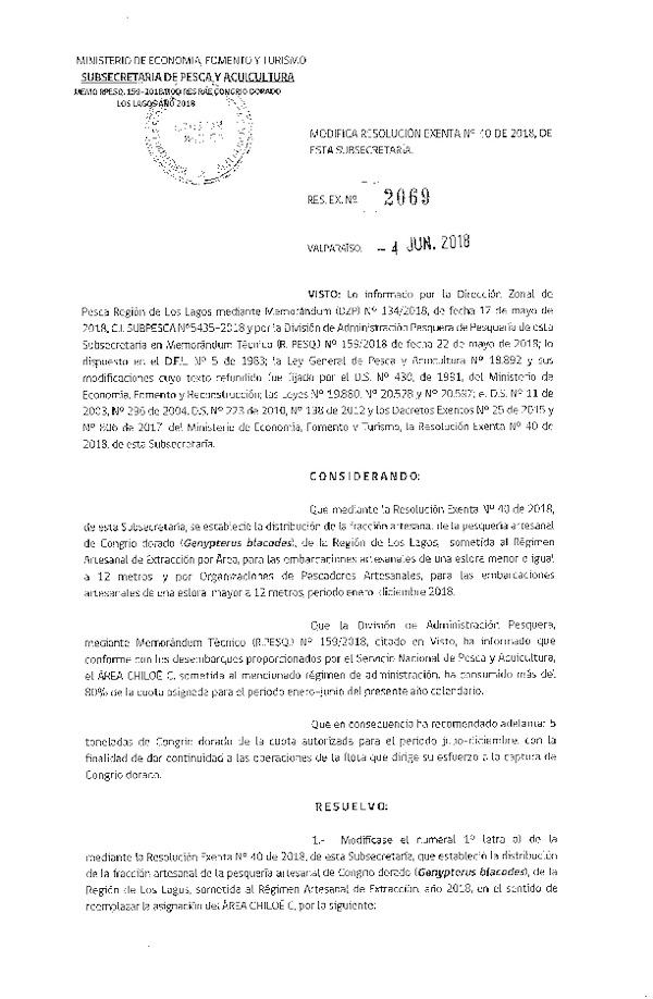 Res. Ex. N° 2069-2018 Modifica Res. Ex. N° 40-2018 Distribución de la Fracción Artesanal de Congrio Dorado, X Regiones, año 2018. (Publicado en Página Web 05-06-2018)