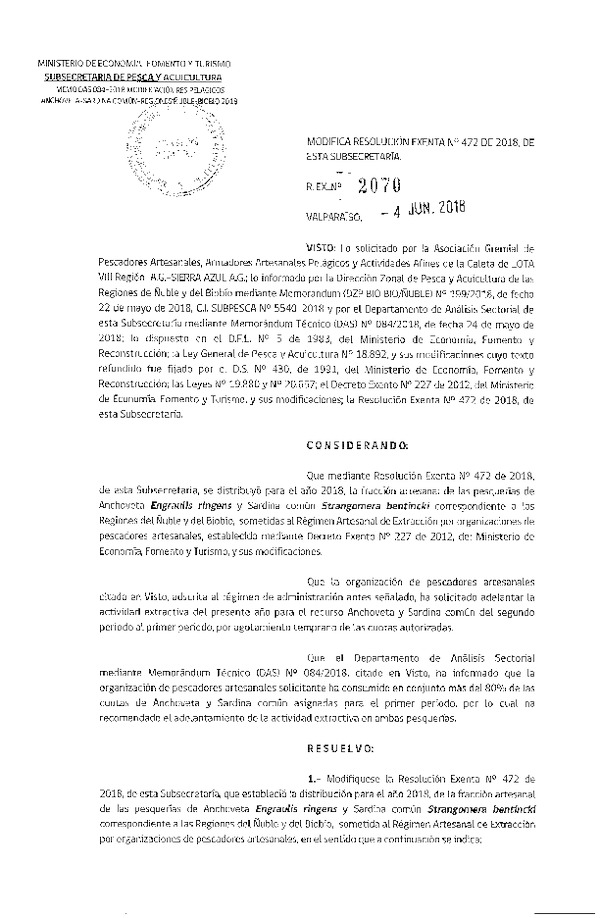 Res. Ex. N° 2070-2018 Modifica Res. Ex. N° 472-2018 Distribución de la fracción artesanal de pesquería de anchoveta y sardina común. (Publicado en Página Web 05-06-2018)