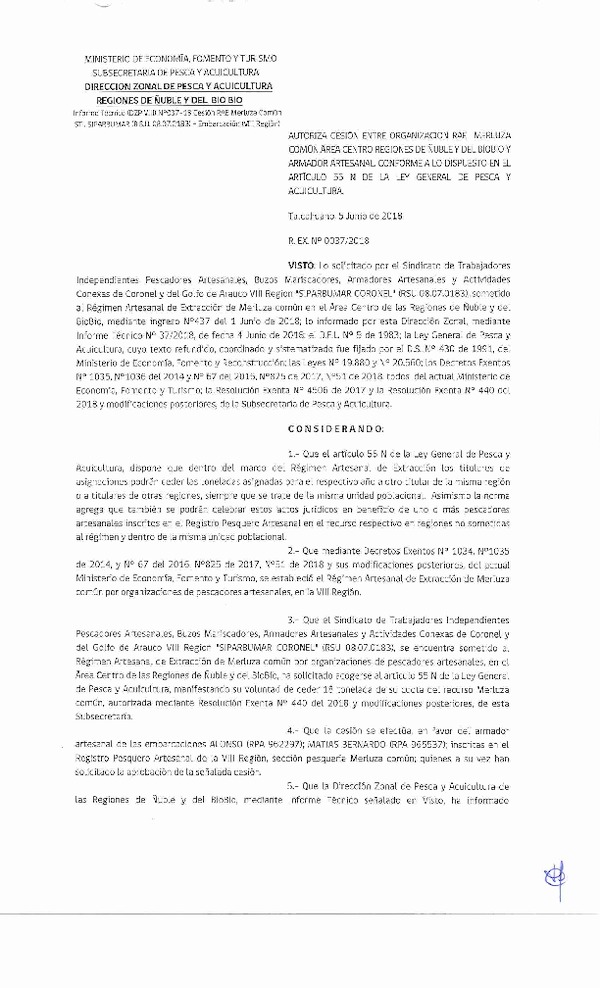 Res. Ex. N° 37-2018 (DZP VIII) Autoriza Cesión Merluza común, Regiones de Ñuble y del Biobío.