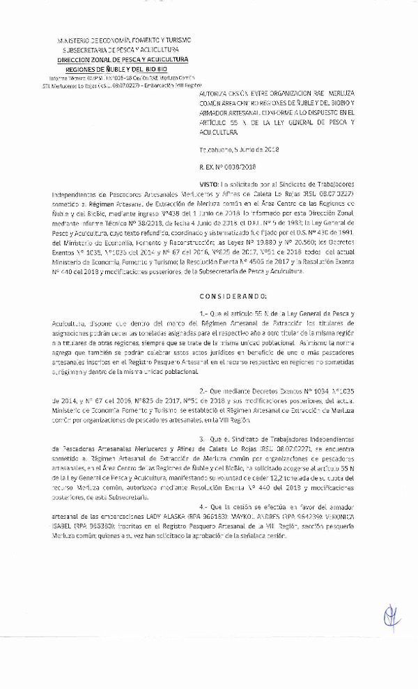 Res. Ex. N° 38-2018 (DZP VIII) Autoriza Cesión Merluza común, Regiones de Ñuble y del Biobío.