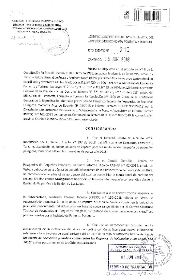 Dec. Ex. N° 210-2018 Modifica Dec. Ex. N° 674-2017 Establece Cuotas Anuales de Captura Unidades de Pesquerías de Recursos Pelágicos Pequeños que Indica, Sometidas a LTP Año 2018. (Publicado en Página Web 06-06-2018) (F.D.O. 09-06-2018)