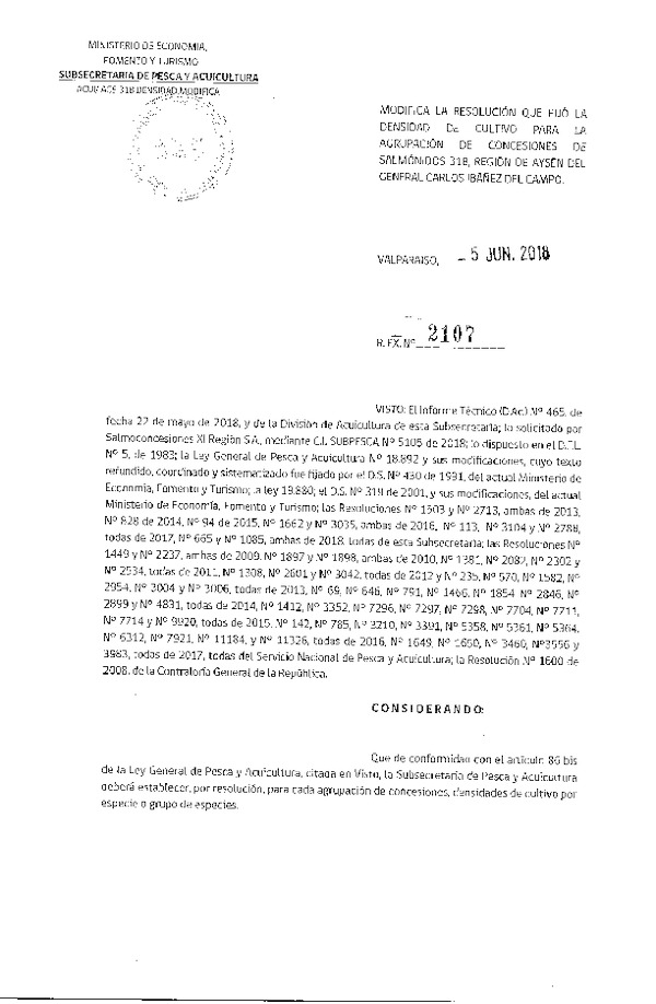 Res. Ex. N° 2107-2018 Modifica Res. Ex. N° 2788-2017 Fija Densidad de Cultivo para la Agrupación de Concesiones de Salmónidos 31 B, X Región. (Con Informe Técnico) (Publicado en Página Web 06-06-2018)