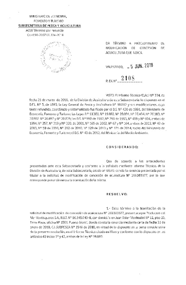 Res. Ex. N° 2108-2018 Da término a procedimiento de modificación de concesiones de acuicultura que indica.