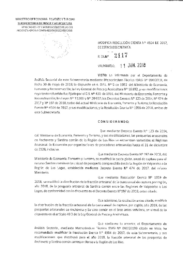 Res. Ex. N° 2117-2018 Modifica Res. Ex. N° 4504-2017 Distribución de la fracción artesanal anchoveta y sardina común, XIV Región, año 2018. (Publicado en Página Web 11-06-2018) (F.D.O. 16-06-2018)