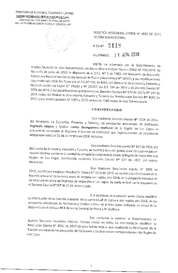 Res. Ex. N° 2118-2018 Modifica Res. Ex. N° 4502-2017 Distribución de la fracción artesanal anchoveta, sardina común y jurel, X Región, año 2018. (Publicado en Página Web 11-06-2018) (F.D.O. 16-06-2018)