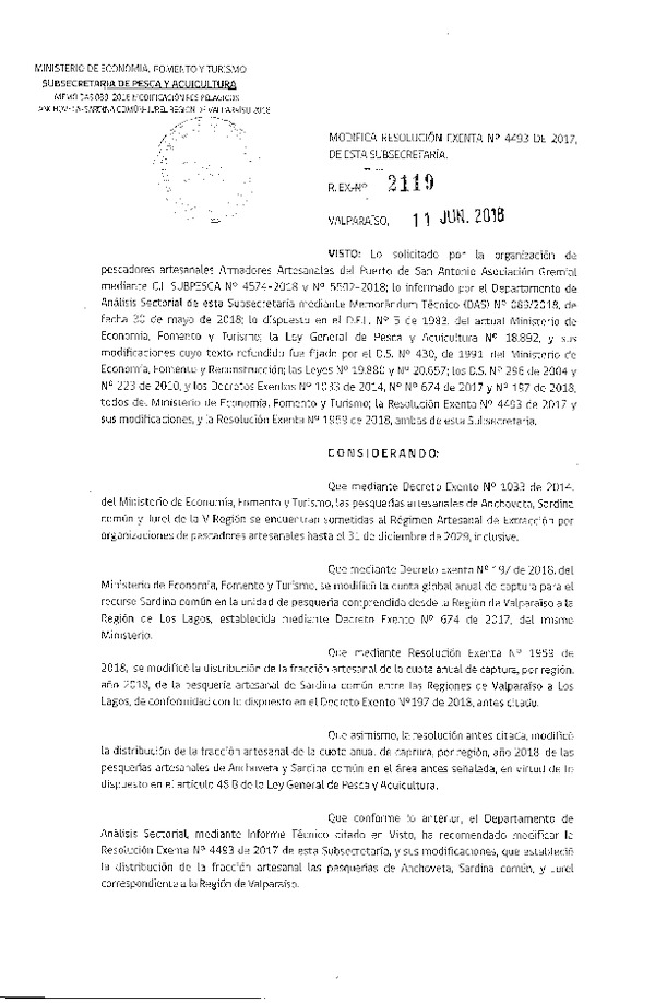 Res. Ex. N° 2119-2018 Modifica Res. Ex. N° 4493-2017 Distribución de la fracción artesanal anchoveta, sardina común y jurel, V Región, año 2018. (Publicado en Página Web 11-06-2018) (F.D.O. 16-06-2018)