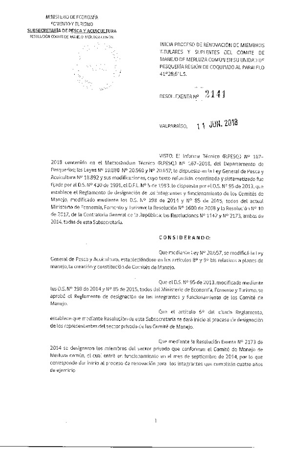 Res. Ex. N° 2141-2018 Inicia Proceso de Renovación de Miembros del Comité de Manejo de Merluza común. (Publicado en Página Web 11-06-2018) (F.D.O. 16-06-2018)