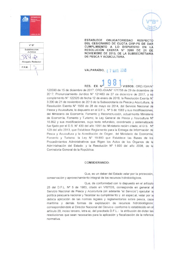 Res. Ex. N° 1981-2018 Modifica Establece obligatoriedad respecto del cesionario de cuota ORP-PS.