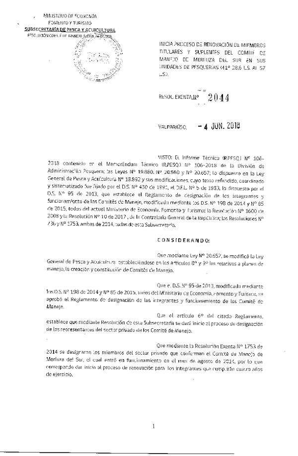 Res. Ex. N° 2044-2018 Inicia Proceso de Renovación de Miembros del Comité de Manejo de Merluza del sur. (F.D.O. 13-06-2018)