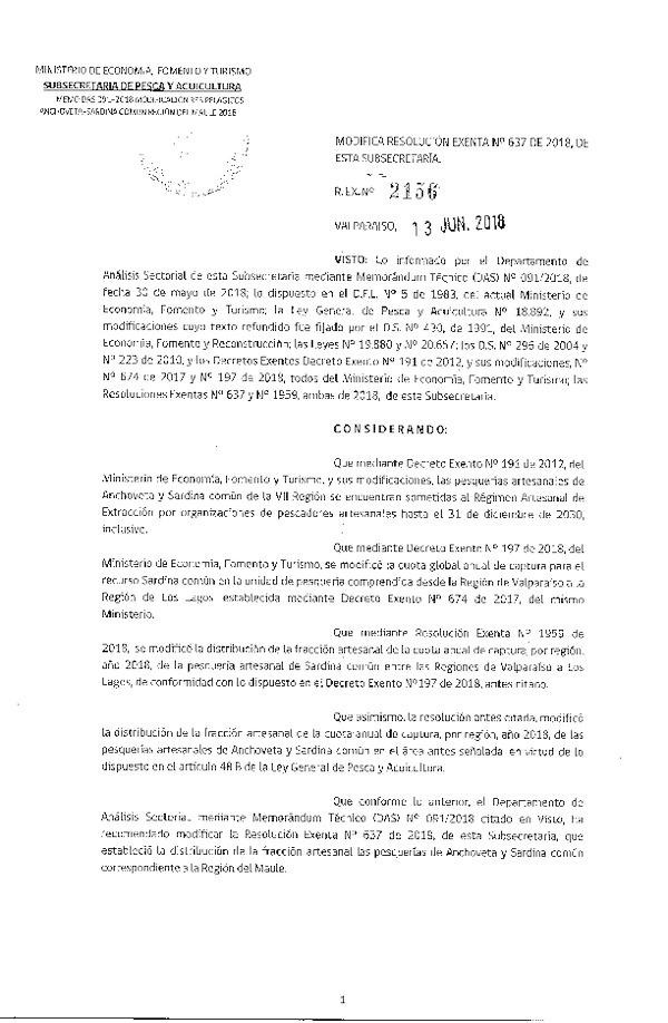 Res. Ex. N° 2156-2018 Modifica Res. Ex. N° 637-2018 Distribución de la fracción artesanal de pesquerías de Anchoveta y Sardina común en la VII región, año 2018. (Publicado en Página Web 13-06-2018) (F.D.O. 19-06-2018)
