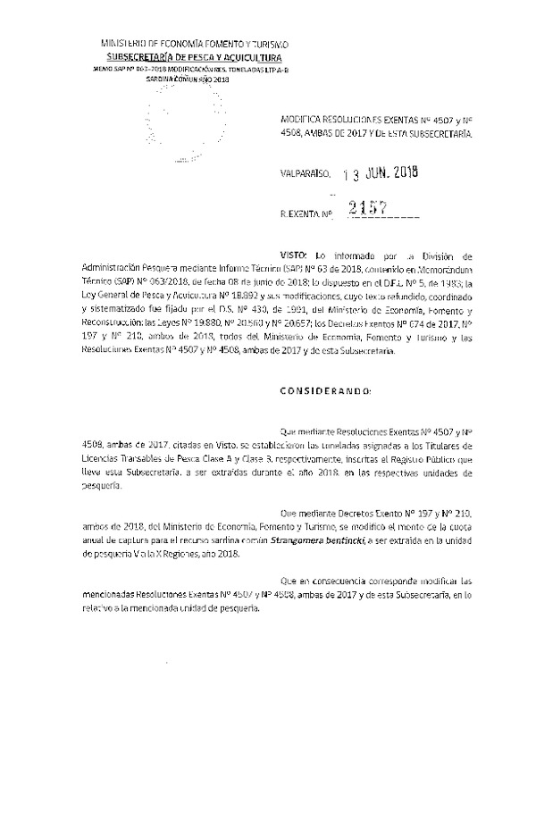 Res. Ex. N° 2157-2018 Modifica Res. Ex. N° 4507 y N° 4508, ambas de 2017 Establece Toneladas para Titulares de Licencias Transables de Pesca, Clase A y Clase B, Año 2018. (Publicado en Página Web 13-06-2018) (F.D.O. 19-06-2018)