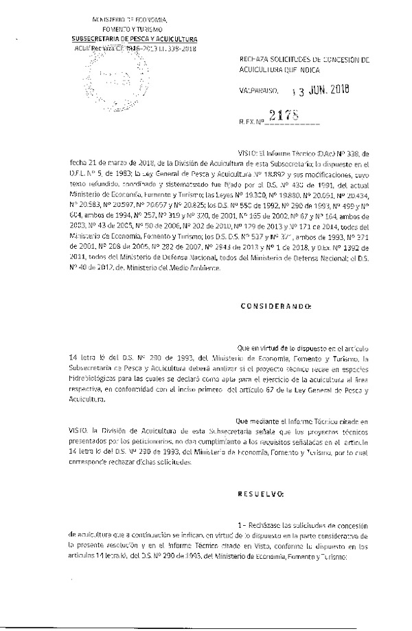 Res. Ex. N° 2178-2018 Rechaza solicitudes de concesión de acuicultura que indica.