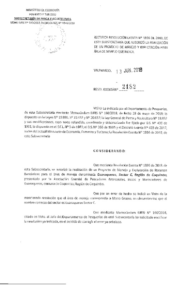 Res. Ex. N° 2182-2018 Rectifica Res. Ex. N° 1896-2018 Proyecto de Manejo.