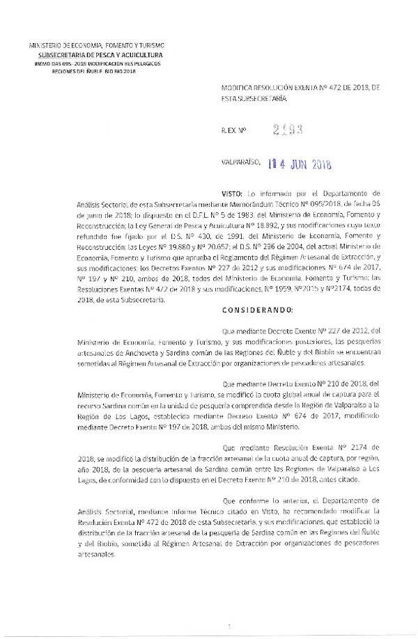 Res. Ex. N° 2193-2018-2018 Modifica Res. Ex. N° 472-2018 Distribución de la fracción artesanal de pesquería de anchoveta y sardina común. (Publicado en Página Web 14-06-2018) (F.D.O. 22-06-2018)