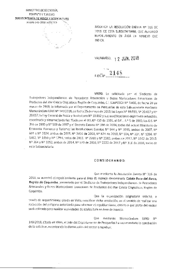 Res. Ex. N° 2148-2018 Modifica Res. Ex. N° 316-2018.