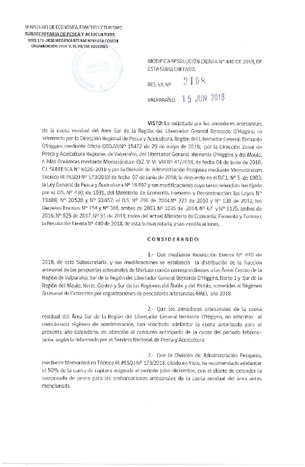 Res. Ex. N° 2198-2018 Modifica Res. Ex. N° 440-2018 Distribución de la fracción artesanal de Pesquería de merluza común por Organización en áreas que indica, año 2018. (Publicado en Página Web 15-06-2018)