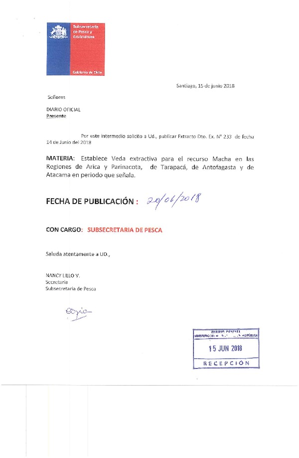 Dec. Ex. Nº 233-2018 Establece Veda Extractiva Para el Recuro Macha, Regiones desde Arica hasta el Región de Atacama. (Publicado en Página Web 18-06-2018) (F.D.O. 20-06-2018)