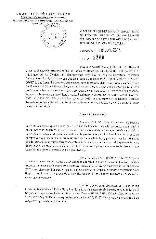 Res. Ex. N° 2200-2018 Autoriza cesión Sardina común Región del Biobío.