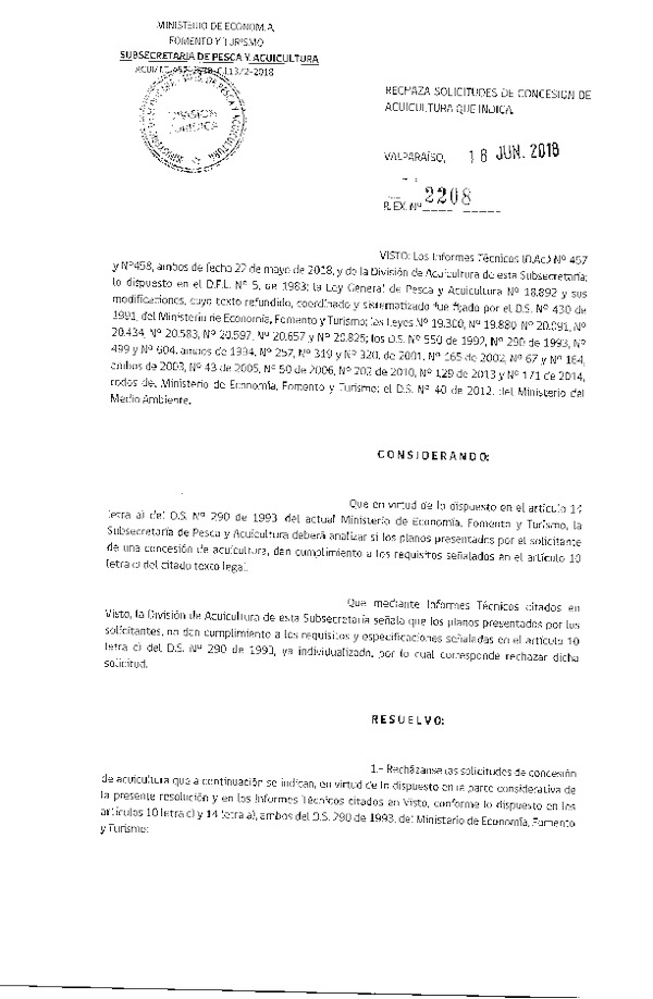 Res. Ex. N° 2208-2018 Rechaza solicitudes de concesión de acuicultura que indica.