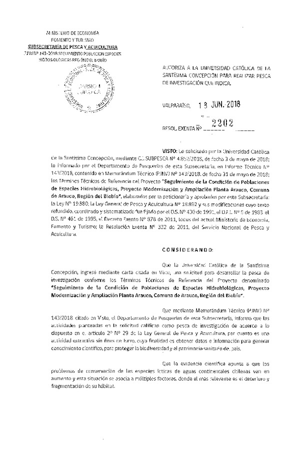 Res. Ex. N° 2202-2018 Seguimiento de la condición de poblaciones de especies hidrobiológicas, Región del Biobío.