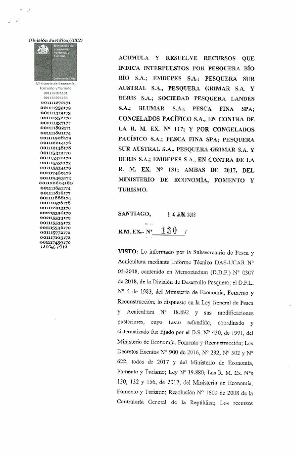 Res Min. Ex. N° 130-2018 Acumula y Resuelve Recursos que Indica. (Publicado en Página Web 19-06-2018)