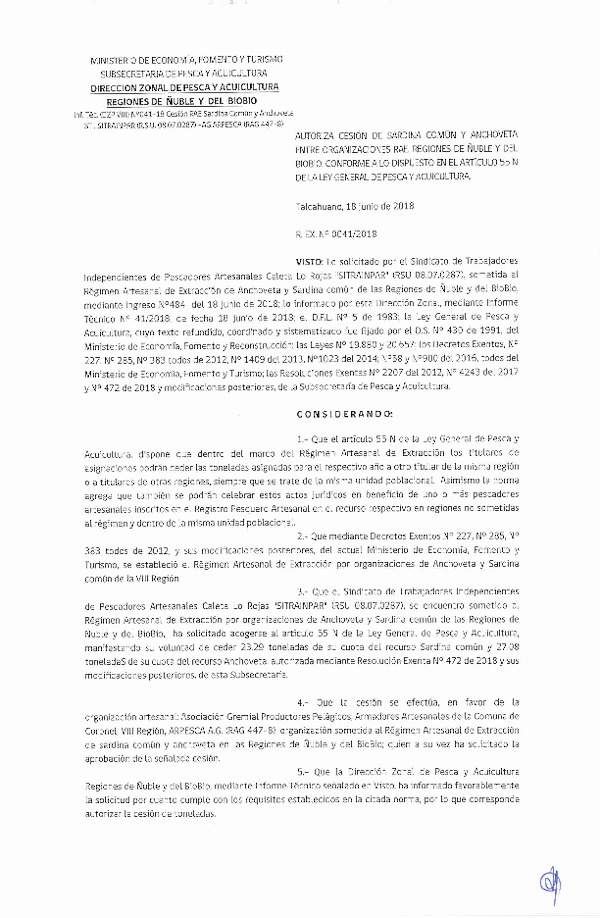 Res. Ex. N° 41-2018 (DZP VIII) Autoriza Cesión Anchoveta y Sardina común.