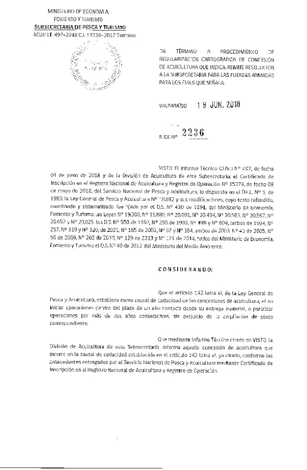 Res. Ex. N° 2236-2018 Da término a procedimiento de regularización cartográfica de concesión de acuicultura que indica.